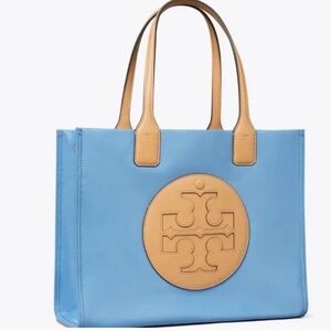 ♦️NWT Tory Burch Ella Small Tote Tan leather logo & handles blue dauphine nylon